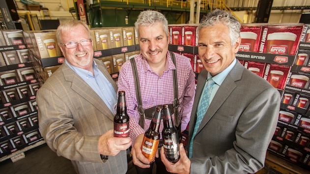 Toasting the success of Okanagan Spring and Sleeman’s planned brewery expansion are (left to right) Eric Foster, MLA for Vernon-Monashee; Stefan Tobler, Okanagan Spring brewmaster; and Dave Klaassen, Sleeman vice-president of Operations.
