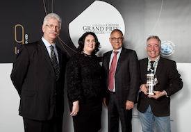 Pictured from left to right are: Reint-Jan Dykstra, vice-president of the Dairy Farmers of Canada (DFC);  Caroline Émond, executive director of the DFC, and Wally Smith, president of the DFC with Jean Morin from the Fromagerie du Presbytère (QC), whose Laliberté cheese was named Grand Champion  at a gala event in Toronto on April 22.