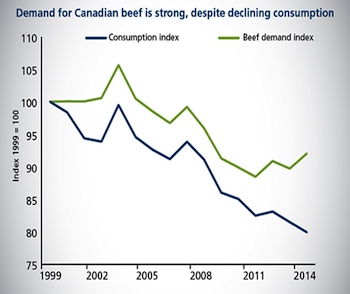 FCC’s Beef Sector Report projects growth in both global exports and beef consumption, driven primarily by Hong Kong, China and various emerging economies. In 2013, Hong Kong surpassed Mexico as the second largest importer of Canadian beef and maintained its status, second only to the United States. World consumption of beef is projected to grow by 12 per cent over the next 10 years, according to Organization for Economic Co-operation and Development and United Nations joint 2014 Agriculture Outlook. In 2014, Canada was the seventh largest beef exporter in the world.