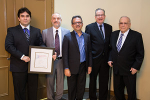 L to R: Danish Kizilbash, TWI Foods; Yousif Al-Ali, president and CEO of Super-Pufft Snacks Corp.; Ali Kizilbash, CEO of TWI Foods Inc.; Minister Jeff Leal; George Haddad, CEO of Handi Foods.